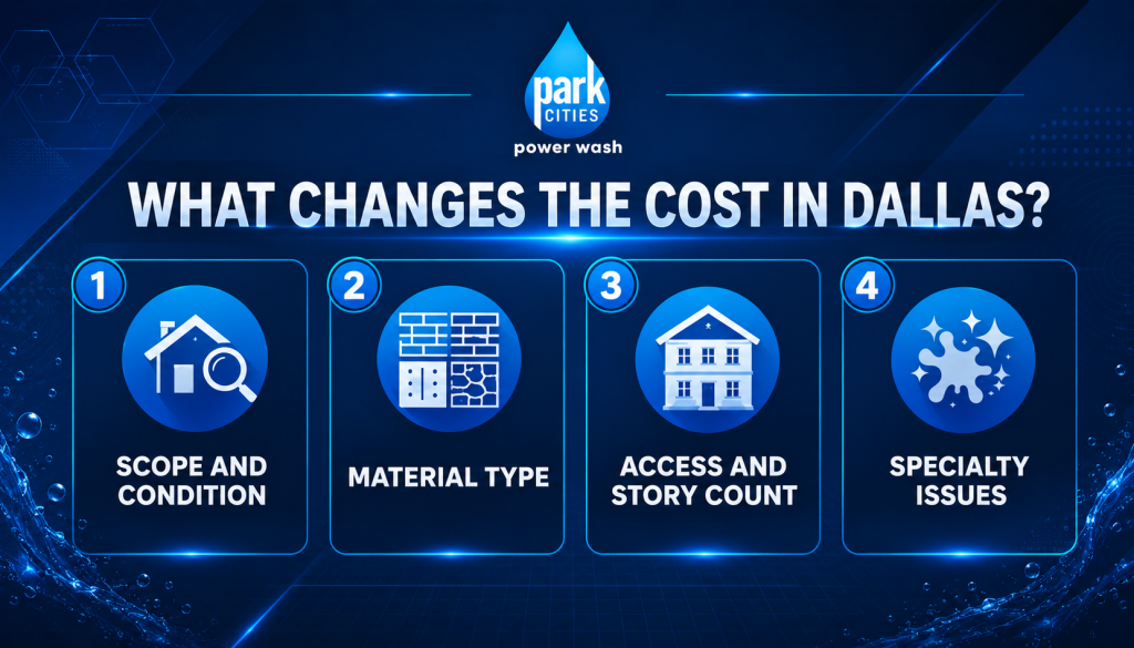 Infographic showing four factors that affect pressure washing cost in Dallas, TX: scope and condition, material type, access and story count, and specialty issues.