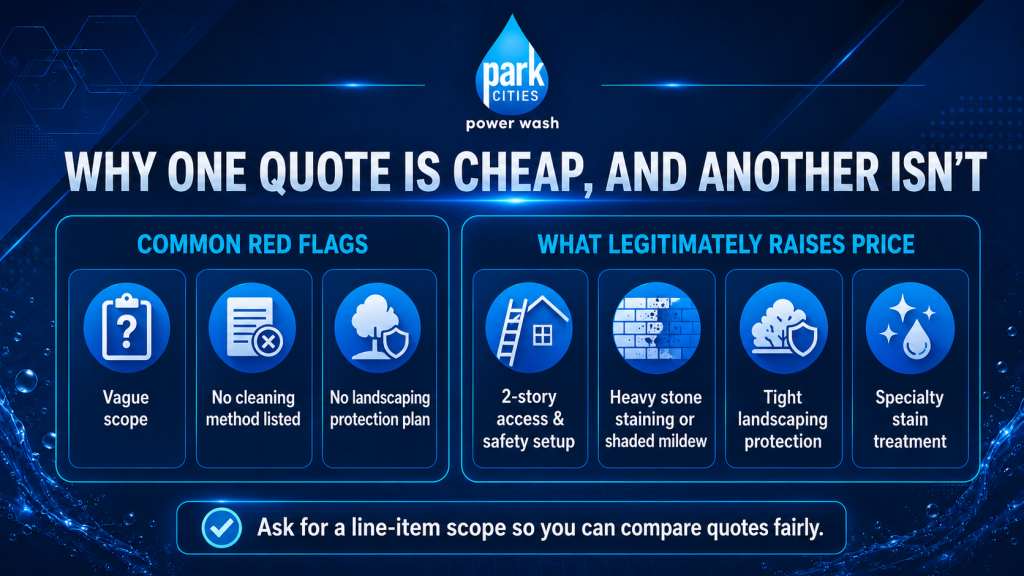 Infographic explaining why one pressure washing quote may be cheaper than another, including common red flags and legitimate factors that raise house washing costs in Dallas, TX.